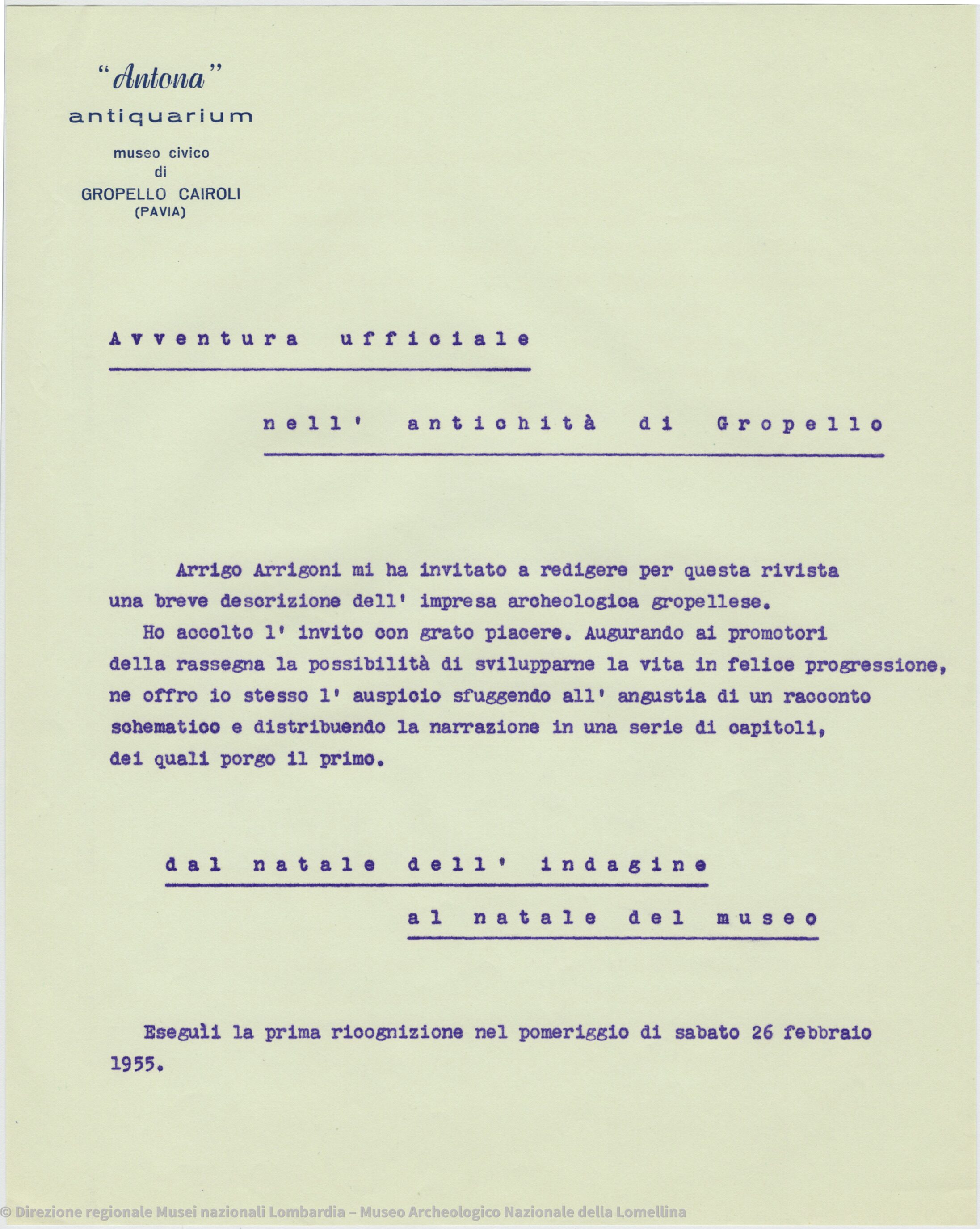 Viewer IIIF della relazione Avventura ufficiale nell'antichità di Gropello e del carteggio con Arrigo Arrigoni