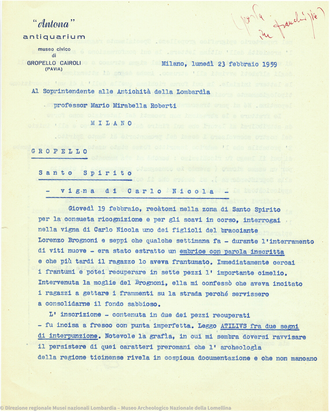 Viewer IIIF della lettera di Pace alla Soprintendenza e degli appunti sul rinvenimento