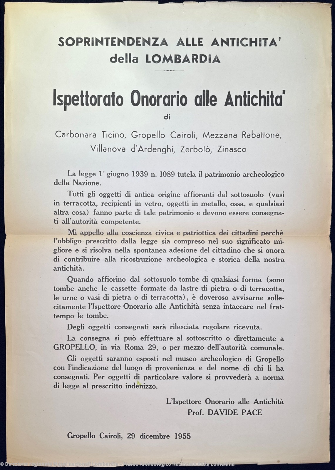 Viewer IIIF dell'avviso della Soprintendenza alle Antichità della Lombardia, b. 1, fasc. 2, doc. 3